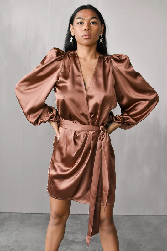 Gal Satin Wrap Mini Dress - Bronze Fashionable Lace Mini Dress