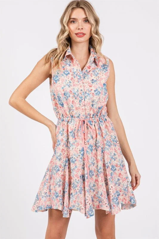 GeeGee Floral Eyelet Mini Dress Fashionable Mini Dress with Pockets