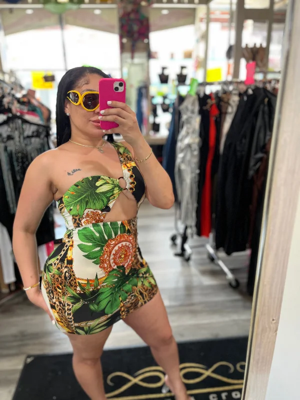 Green Jungle Mini Dress Classic Floral Print Mini Dress