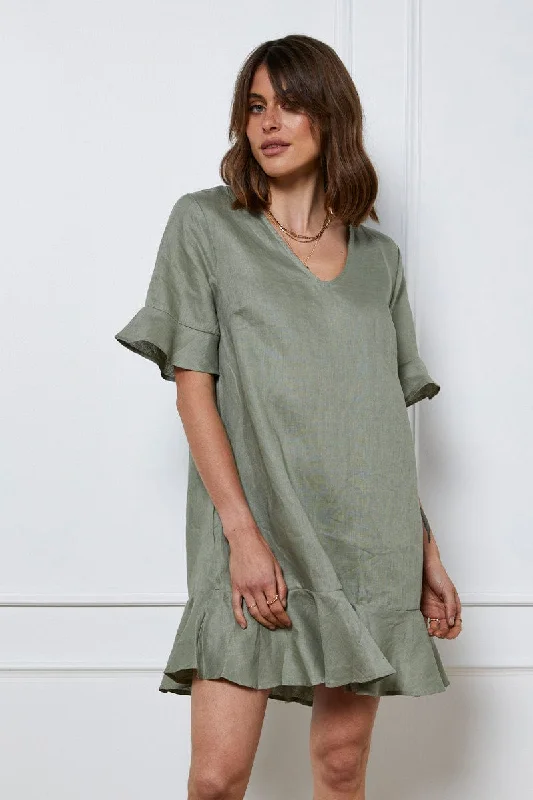 Green Mini Dress Short Sleeve Linen Elegant Sequin Mini Dress