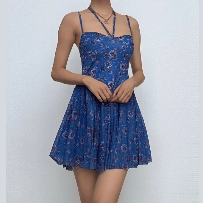 Halter sweetheart neck flower print mesh cami mini dress Cozy Ribbed Mini Dress