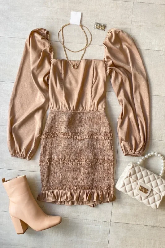 Hidden Gem Smocked Satin Mini Dress Champagne - FINAL SALE Trendy Cut-Out Mini Dress Hidden Gem Smocked Satin Mini Dress Champagne - FINAL SALE Trendy Cut-Out Mini Dress