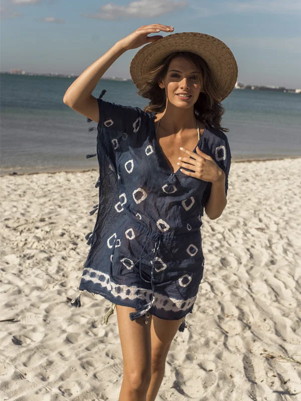 Indigo Sand Dollar Mini Dress Caftan Elegant Silk Mini Dress