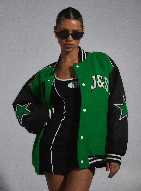 JGR & STN Hailey Letterman Bomber Jacket Green/Black Bomber Jacket Anorak Windbreaker