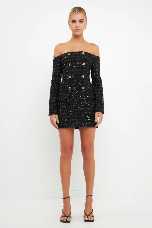 Endless Rose - Off-The-Shoulder Tweed Mini Dress Classic Black Mini Dress