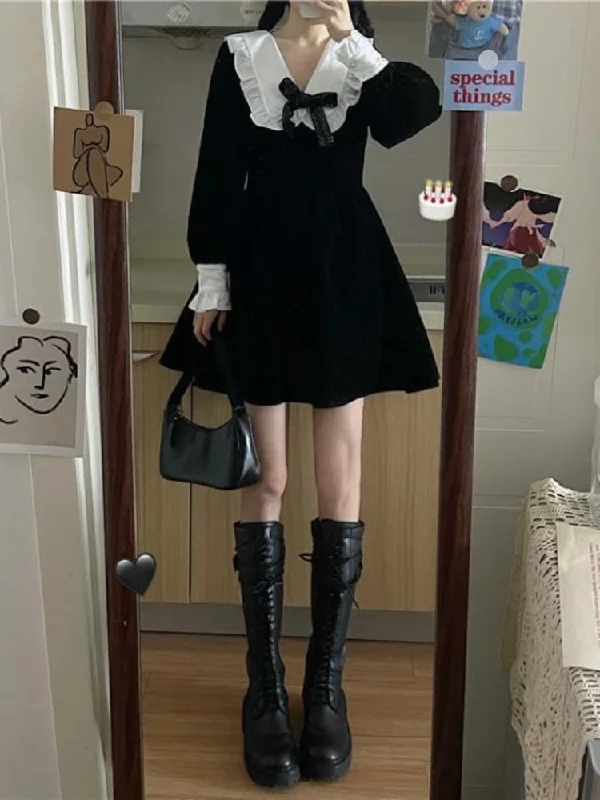 Kawaii Bow Dress Women Japanese Preppy Style Long Sleeve Mini Dresses Black Goth Vintage Lolita Outfits Sweet Streetwear Comfortable Zip-Up Mini Dress