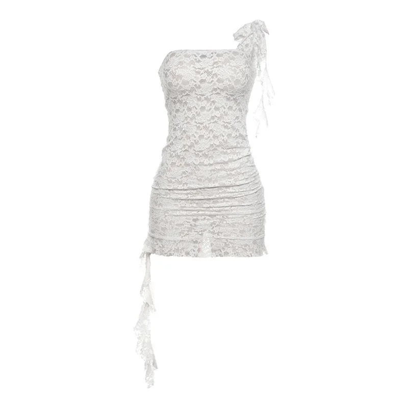 Lace see through one shoulder ruffle knotted ruched mini dress Trendy Crossover Mini Dress Lace see through one shoulder ruffle knotted ruched mini dress Trendy Crossover Mini Dress