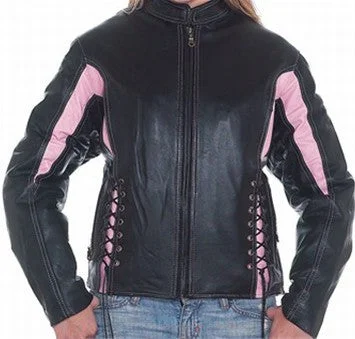 Ladies Black & Pink Leather Racer Jacket Side Laces & Zip Out Lining Print Jacket Jacquard Jacket Patchwork Jacket