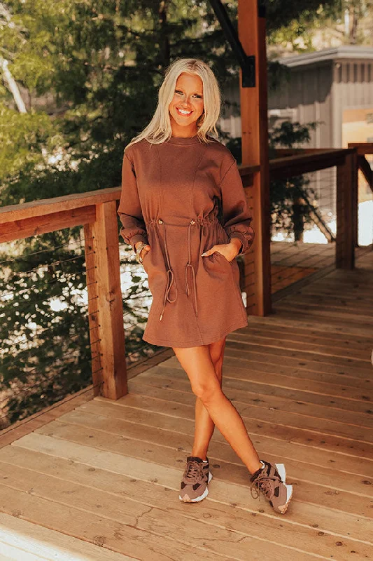 Latte Run Drawstring Mini Dress in Chocolate Trendy Tie-Dye Mini Dress