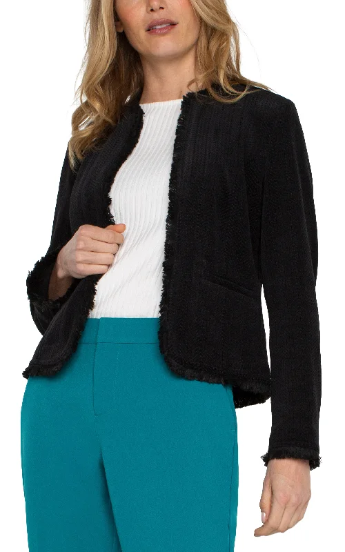 Liverpool Collarless Jacket w/ Frayed Edges (Black) Print Jacket Jacquard Jacket Patchwork Jacket