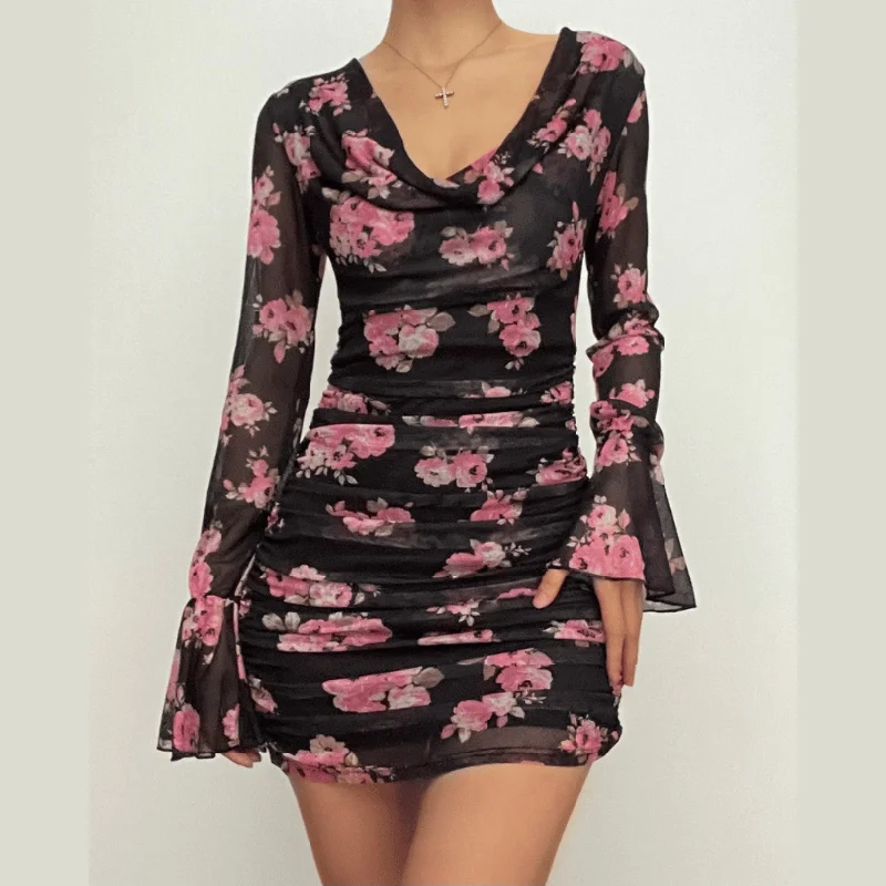 Long flared sleeve cowl neck ruffle flower print sheer mesh mini dress Fashionable Pleated Mini Dress