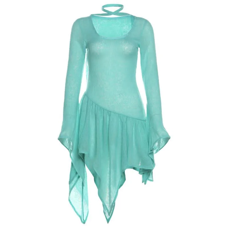 Long flared sleeve knitted ruffle mini dress Comfortable Bodycon Mini Dress