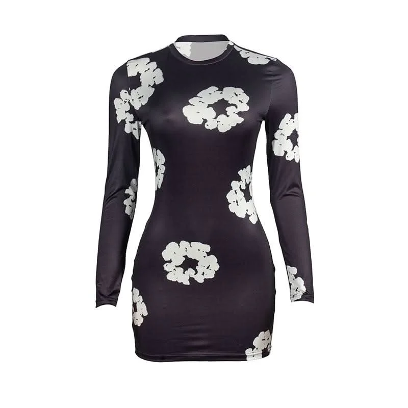 Long sleeve crewneck flower print mini dress Comfortable Wrap Mini Dress