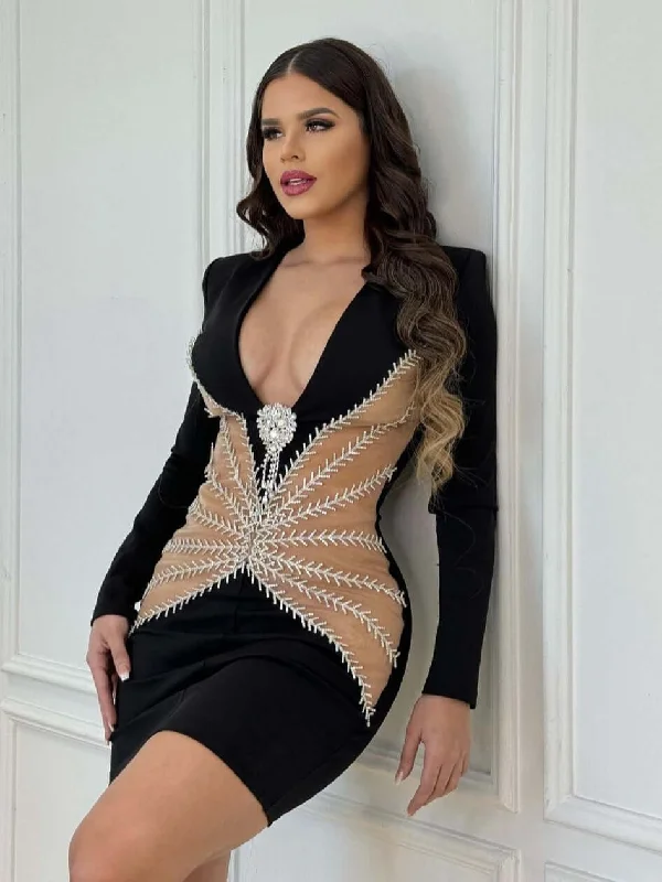 Long Sleeves Deep V Neck Crystal Design Mini Dress Chic Tropical Mini Dress