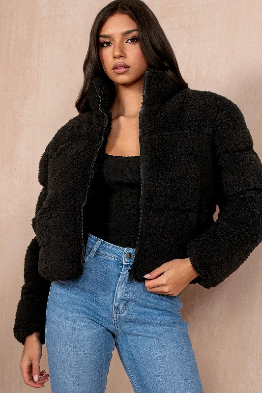 Lottie Black Teddy Puffer Jacket Wool Jacket Cashmere Jacket Tweed Jacket