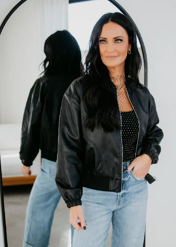 Marah Faux Leather Bomber Jacket Fleece Fabric Down Fabric Feather Fabric
