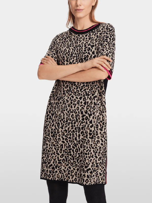 Marc Cain Sports Leo Print Knitted Mini Dress XS 21.21 M32 Col 117 Comfortable Smocked Mini Dress