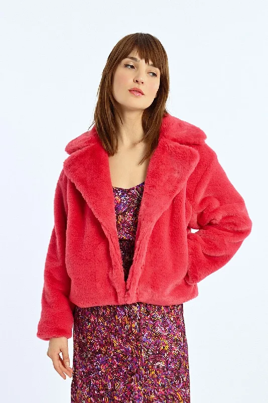 MBN Cropped Fur Jacket - Fuchsia Notch Collar Peter Pan Collar Cowl Neck