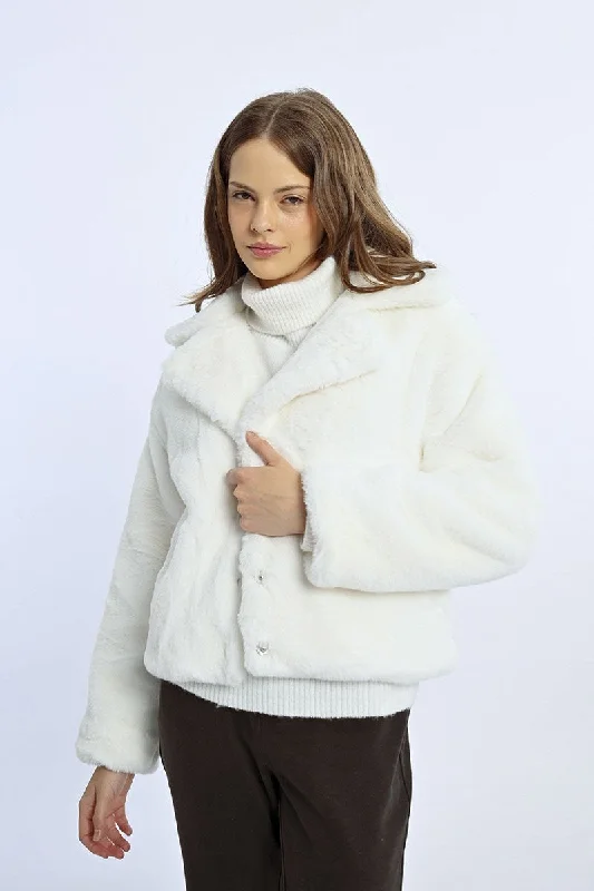 MBN Cropped Fur Jacket - White Tiered Jacket Buttoned Jacket Zippered Jacket