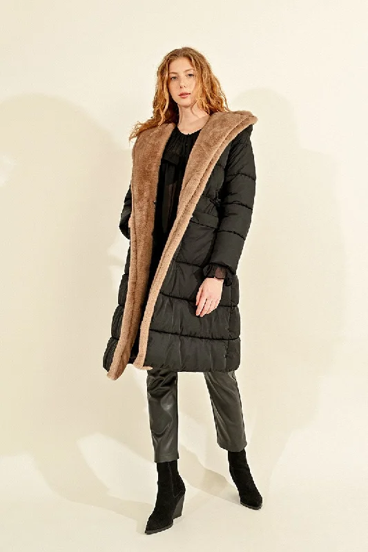 MBN Long Fur Lined Puffer Jacket Welt Pockets Slit Pockets Flap Pockets