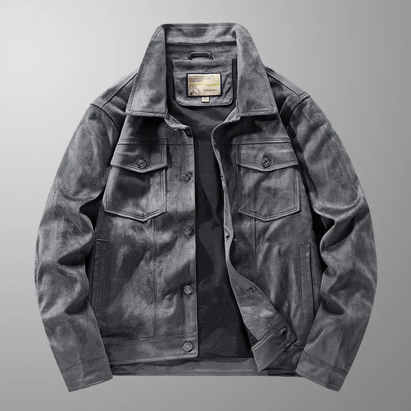 Men's Cross-Season Thin Suede Jacket, Polo Collar Zippered Front Buttoned Front Snap Front Men's Cross-Season Thin Suede Jacket, Polo Collar Zippered Front Buttoned Front Snap Front