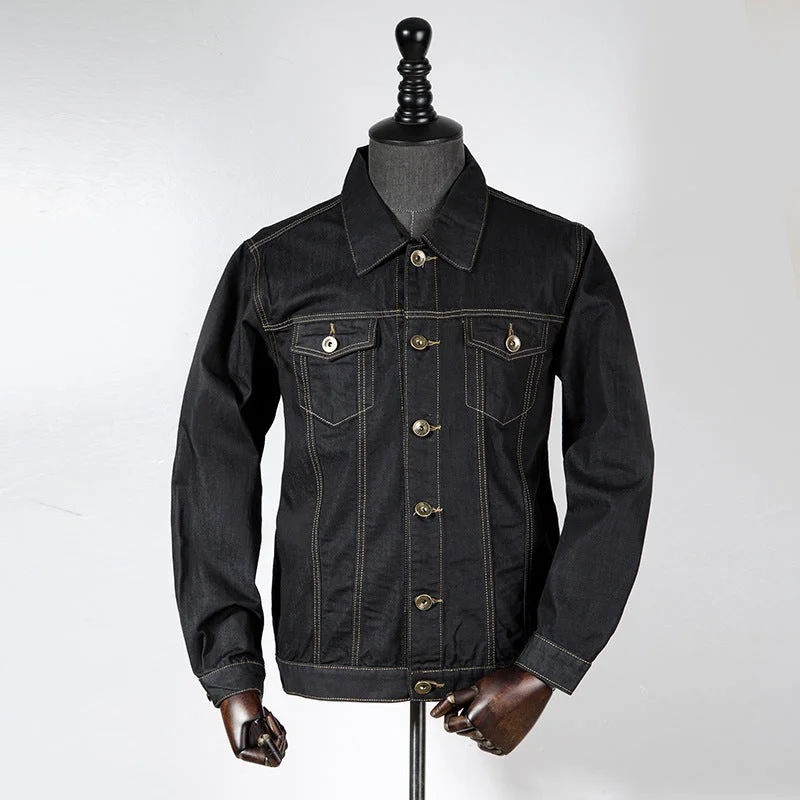 Men's Black Denim Jacket Hoodie Zip-Up Jacket Button-Up Jacket