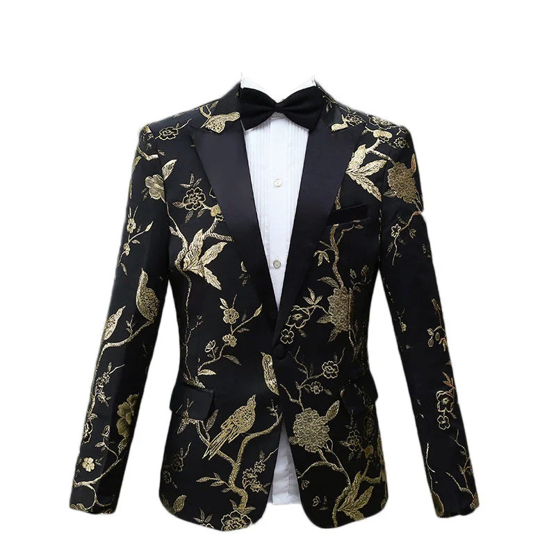 Men's Gold Overlay Stage, Host Single-Breasted Dinner Jacket Wool Fabric Cashmere Fabric Tweed Fabric