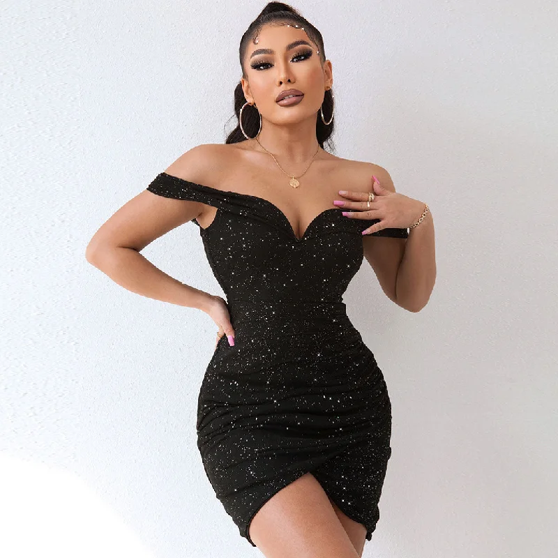 Shimmery Ruched Wrap Trim Off Shoulder Bodycon Party Mini Dress - Black Comfortable One-Shoulder Mini Dress