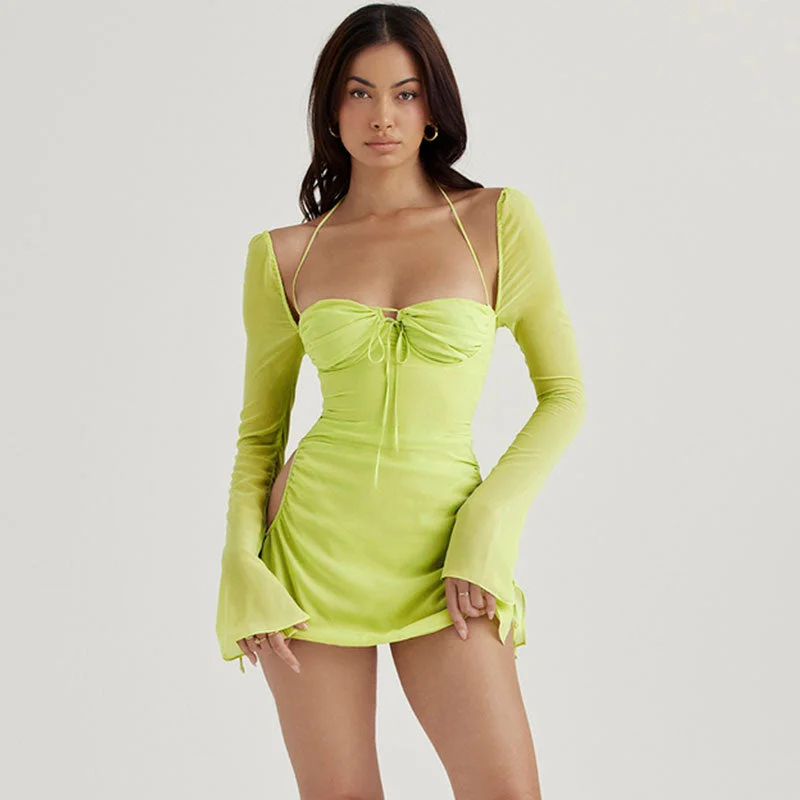 Halter Tie Strap Ruched Cut Out Club Mini Dress - Green Trendy Mini Dress with Belt