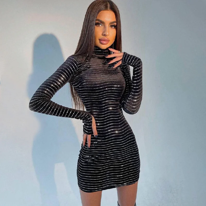 Sparkly Turtleneck Long Sleeve Sequin Velvet Mini Dress - Black Stylish Puff Sleeve Mini Dress