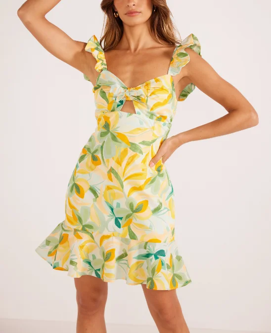 MinkPink Solstice Front Tie Mini Dress - Yellow Palm Print Modern Satin Mini Dress