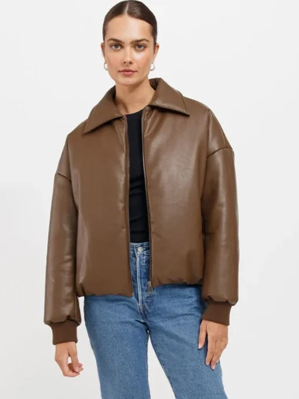 MIRIAM VEGAN LEATHER BOMBER JACKET - CHOCOLATE BROWN Insulated Jacket Fitted Jacket Loose Jacket