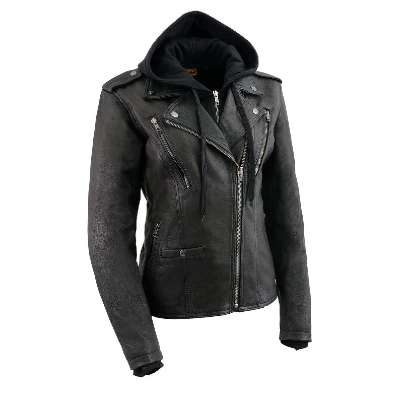 MLL2575 Women's Black Leather Vented Motorcycle Jacket w/ Removable Hoodie Wool Jacket Cashmere Jacket Tweed Jacket