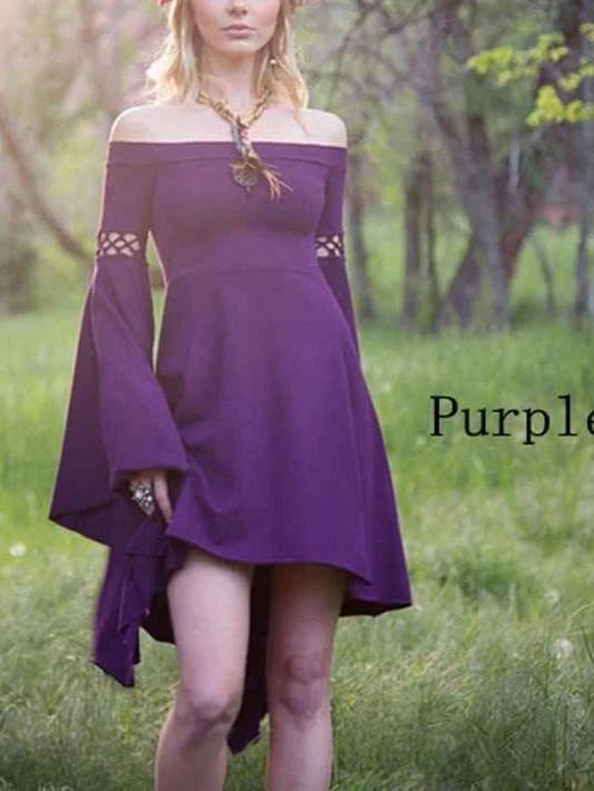 Off Shoulder Long Flared Sleeve Solid Color Mini Dress Trendy Cut-Out Mini Dress
