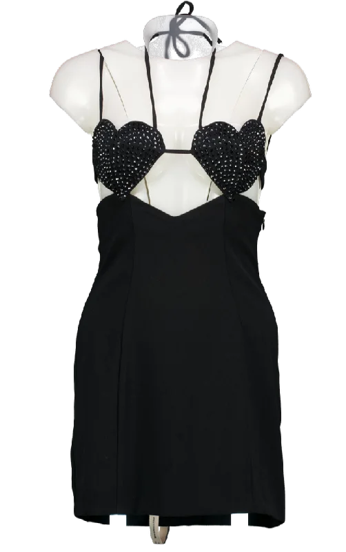Oh Polly Black Lavinie Embellished Heart Cup Detail Mini Dress UK 8 Chic Pleated Mini Dress