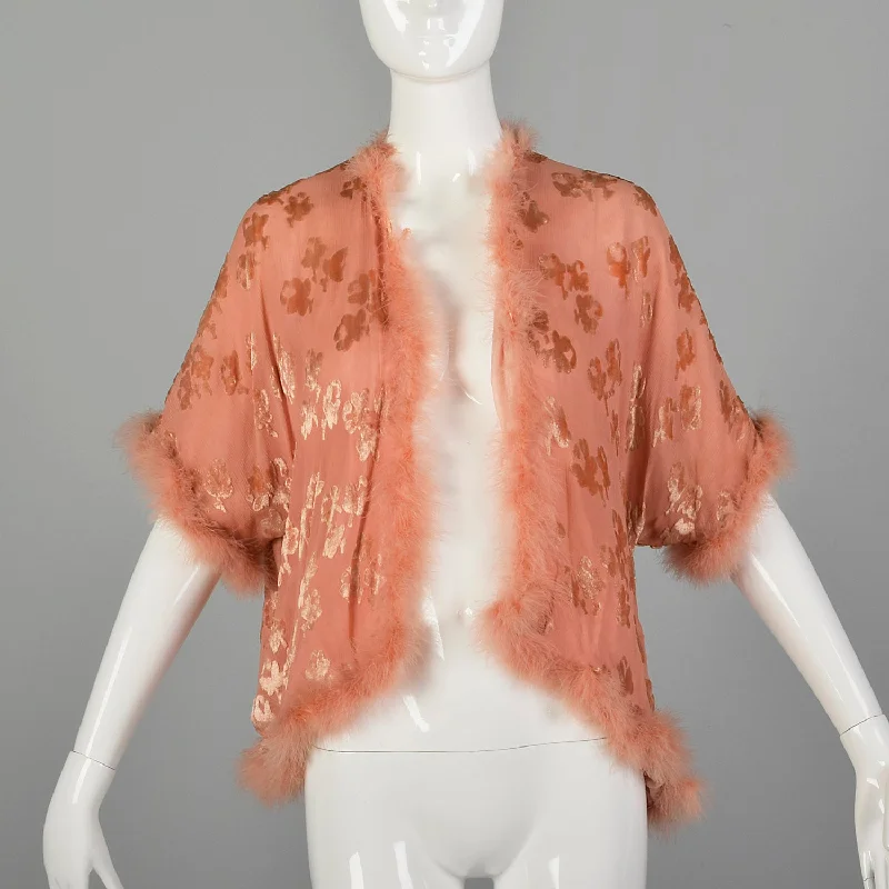 OSFM 1920s Pink Silk Devoré  Marabou Feather Trim Bed Jacket Notch Collar Peter Pan Collar Cowl Neck