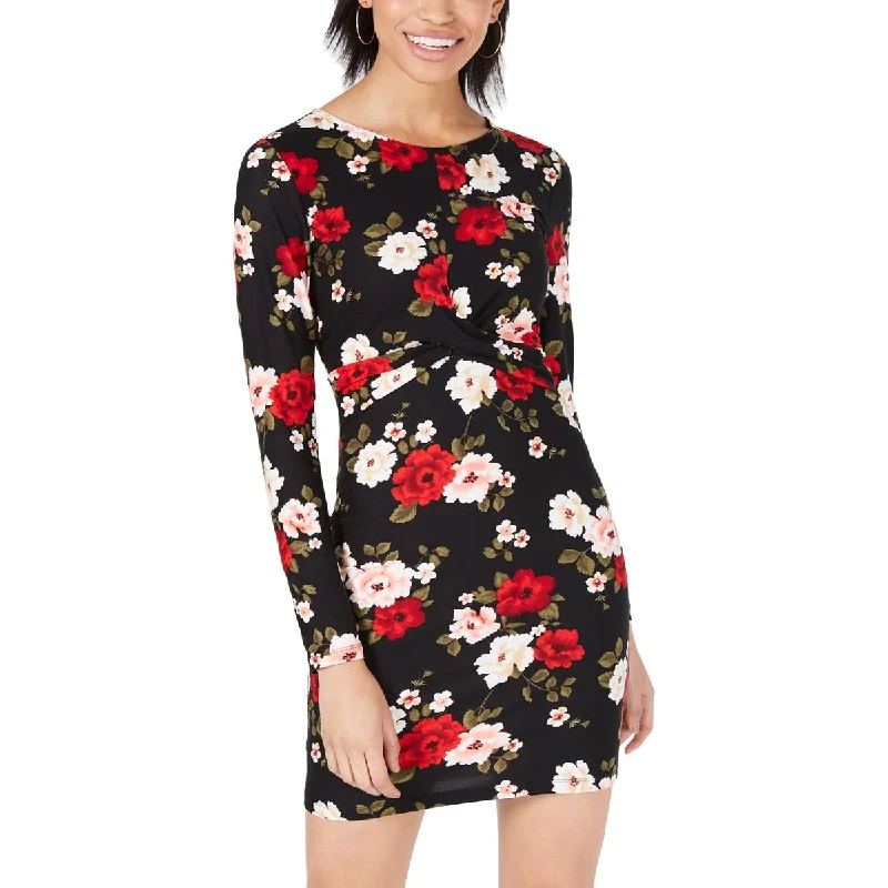 Planet Gold Women's Juniors Floral Print Twist Front Long Sleeve Mini Dress Stylish Plaid Mini Dress