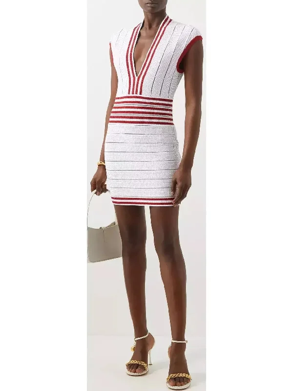 Plunge Striped Knit Mini Dress Fashionable Mini Dress with Frills