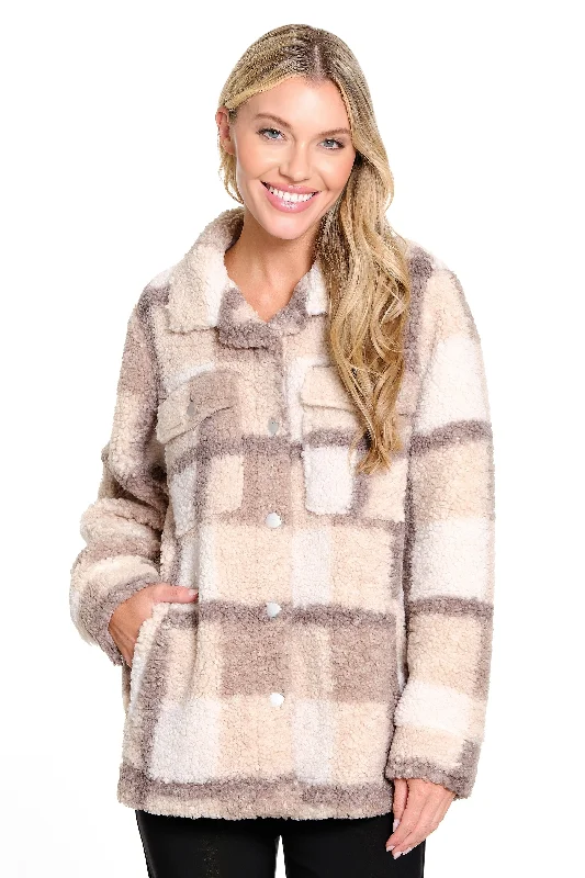 Printed Sherpa Jacket - Neutral Plaid Herringbone Jacket Checkered Jacket Solid Jacket