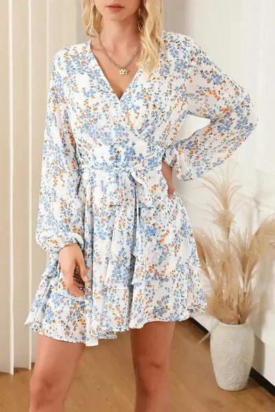 Blue Zone Planet |  Printed Surplice Balloon Sleeve Mini Dress Fashionable Summer Mini Dress