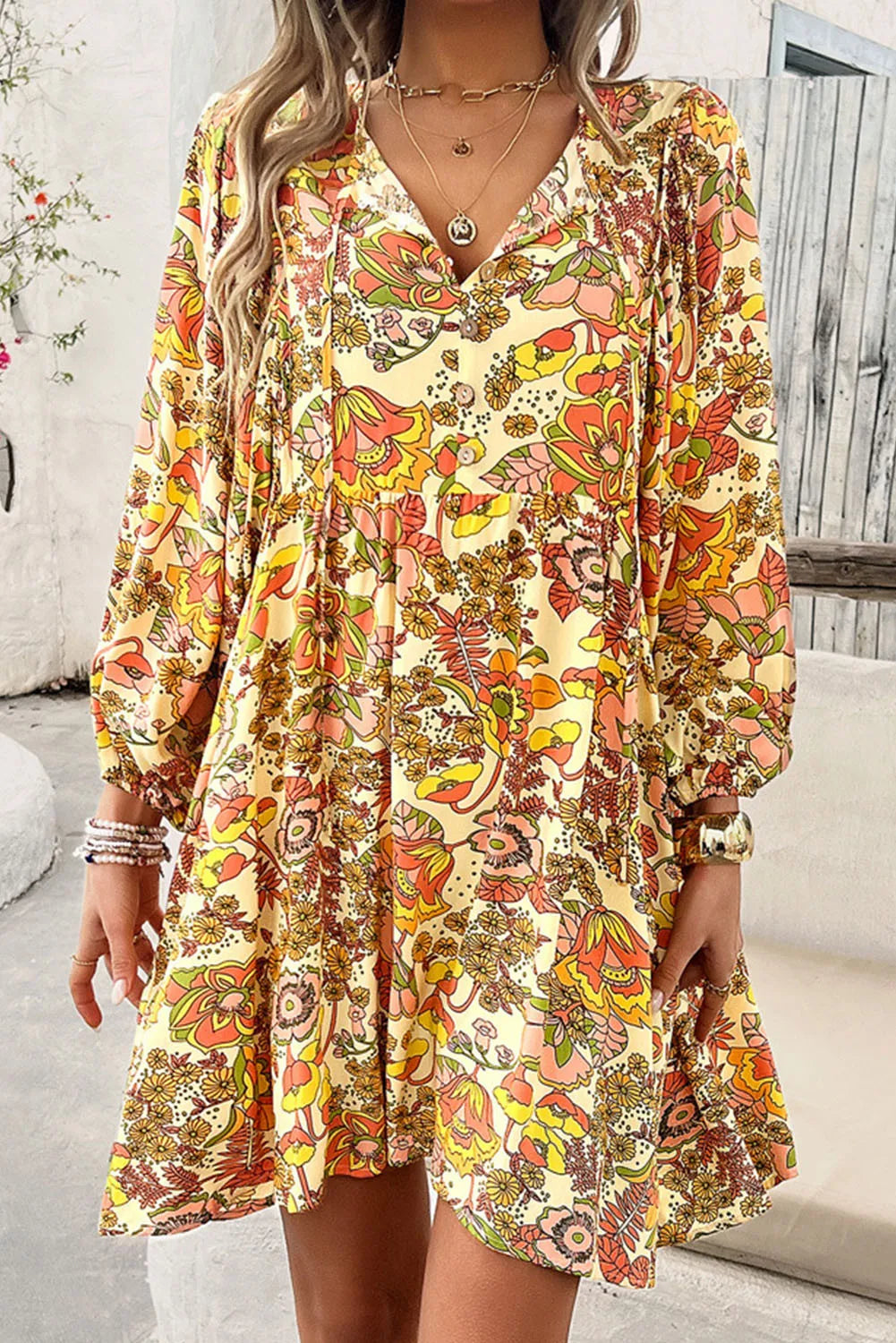 Printed Tie Neck Balloon Sleeve Mini Dress Cozy Knitted Mini Dress