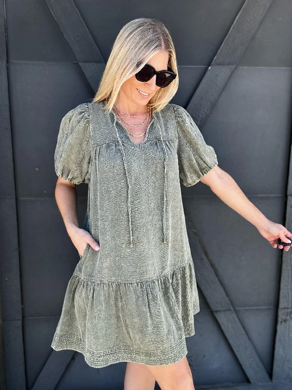 Puff Sleeves Mini Dress In Olive Elegant Velvet Mini Dress