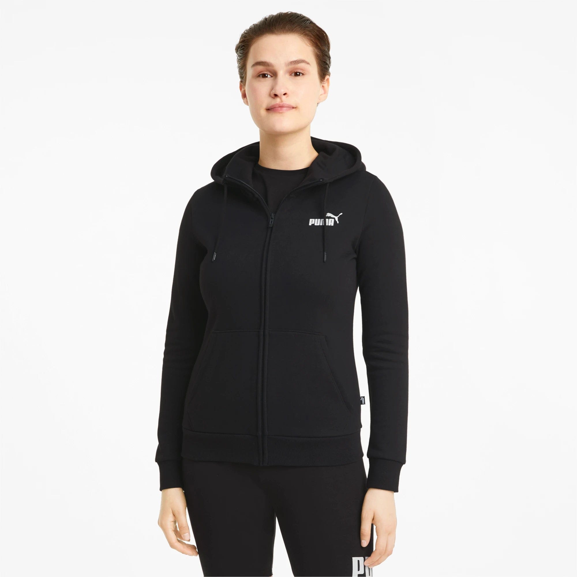PUMA WOMEN'S ESSENTIALS FULL-ZIP BLACK JACKET Hooded Jacket Caped Jacket Shawl Collar Jacket