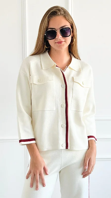 Refined Campus Buttoned Jacket -Ivory Cotton Fabric Linen Fabric Terry Fabric