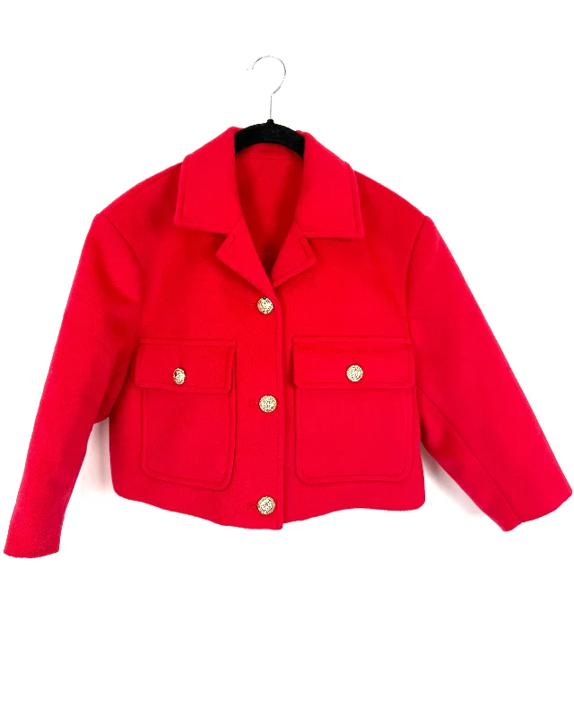 Red Fleece Cropped Jacket - Size 2/4 Mesh Jacket Canvas Jacket Denim Jacket