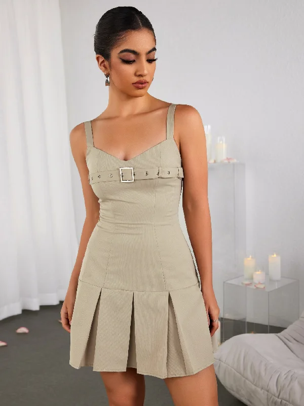 Removable Belt At Neckline Pleated Mini Dress Trendy Crossover Mini Dress
