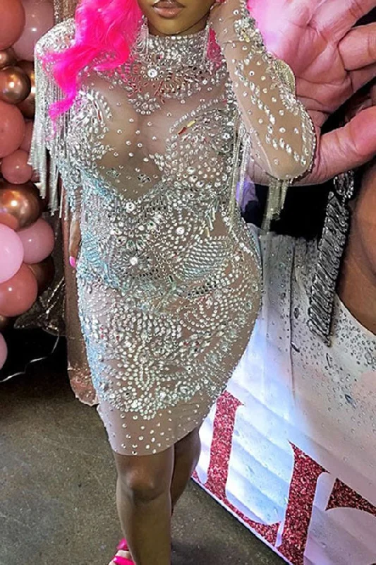 Rhinestone Glamorous See-Through Mini Dress Chic Tropical Mini Dress