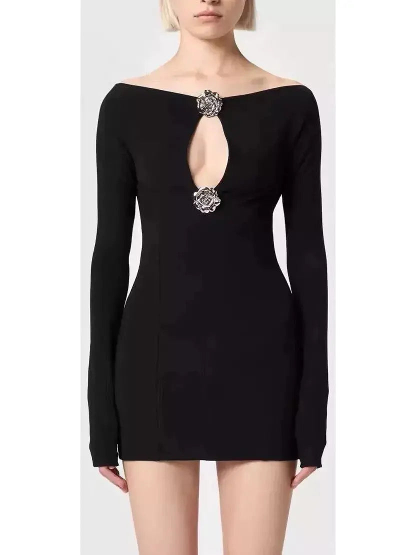 Rose Brooch Detail Black Mini Dress Classic Shift Mini Dress