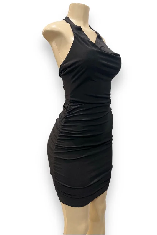 Ruched Halter Solid Mini Dress Trendy Denim Mini Dress