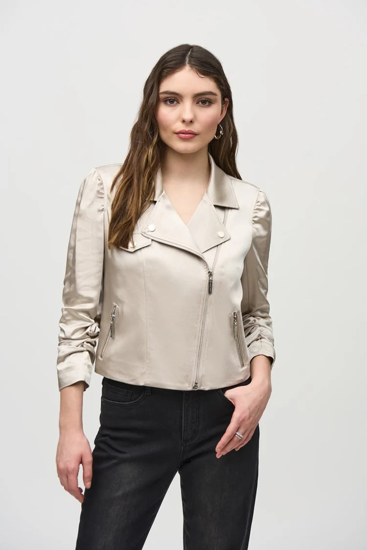Satin Moto Jacket With Zippers - Moonstone Faux Fur Jacket Real Fur Jacket Shearling Jacket